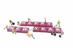 Miniature Worker Team Building Word Happy New Year On White Background Stock Photo