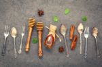 Desserts Background And Menu Design. Metal Utensils ,honey Dippe Stock Photo