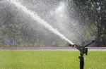 Sprinkler Watering The Grass Stock Photo