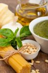 Italian Traditional Basil Pesto Pasta Ingredients Stock Photo