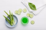 Natural Herbal Skin Care Products. Top View Ingredients Cucumber Stock Photo