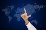 Person Hand Pointing World Map Stock Photo