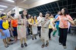 Student 9-10 Years Old, Scout Activities, Dance Performances Around The Fire., Scout Camp Bangkok Thailand Stock Photo