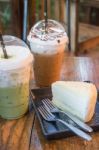 Cheese Cake And Iced Caffeine Drink Stock Photo