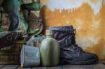 Equipment For The Departure On Wooden Floor Stock Photo