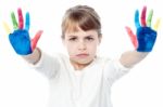 Cute Girl With Painted Hands Stock Photo