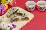 Moon Cake With Red Background Stock Photo