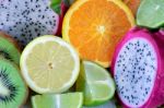 Medley Of Different Edible Fruits Ready To Eat Stock Photo