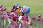 Two Kissing Dolls In Tulip Garden Stock Photo