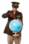 Army Man Holding Globe Tightly Stock Photo