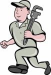 Plumber With Monkey Wrench Running Stock Photo