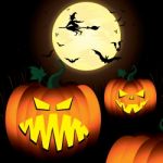 Halloween Pumpkin And Witch, Spooky, Tree, Bats In Moon Night Sky Stock Photo