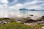 Summer Cloudy Lofoten Islands. Norway Misty Fjords Stock Photo