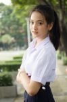 Portrait Of Thai High School Student Uniform Teen Beautiful Girl Happy And Relax, Stock Photo