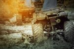 Action Shot Of Sport Atv Vehicle Running In Mud Track Stock Photo