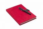 Blank Red Hardcover Notebook With Pen Isolated Stock Photo