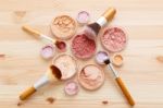 Makeup Powder And Brushes Flat Lay Stock Photo