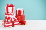 Gift Boxes On Wood Table Stock Photo