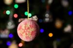 Snow Flake Christmas Ball Ornament Hanging On Christmas Tree Stock Photo