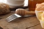 Wood Honey Fork Still Life Soft Cheese Cake Closeup Stock Photo