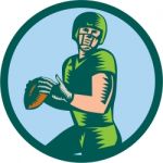 American Football Qb Throwing Circle Woodcut Stock Photo