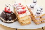 Selection Of Fresh Cream Cake Dessert Plate Stock Photo