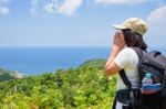 Women Tourist On Viewpoint At Koh Tao Stock Photo