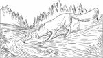 Fox Drinking River Woods Black And White Drawing Stock Photo