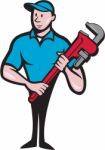 Plumber Holding Monkey Wrench Cartoon Stock Photo