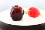 Deletable Imitation Fruits Blur Right One Dessert On Dish Stock Photo