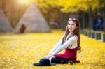 Beautiful Girl With Yellow Leaves In Nami Island, Korea. Nami Island In Autumn Stock Photo