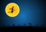 Halloween Witch Flying On Broom Stock Photo