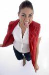 Pretty Girl Posing In Her Red Jacket Stock Photo