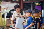 Student 9-10 Years Old, Scout In Adventure Activities, Scout Camp School Bangkok Thailand Stock Photo