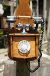 Closeup Of Old Wooden Telephone Stock Photo