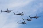 Mi-28n (havoc) Attack Helicopters Of Aerobatic Team Berkuty Fly Stock Photo