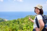 Women Tourist On Viewpoint At Koh Tao Stock Photo