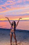 Beautiful Black African American Woman Posing On The Beach At Su Stock Photo