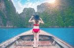 Beautiful Girl In Red Bikini On Boat Stock Photo