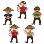 Set Cartoon Character Farmers With A Crop Of Vegetables And Fruit Stock Photo