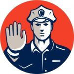 Traffic Policeman Hand Stop Sign Circle Retro Stock Photo