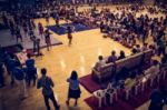 Blurred Crowd Of People Watching Performance In The Hall Stock Photo