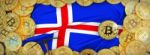 Bitcoins Gold Around Iceland  Flag And Pickaxe On The Left.3d Il Stock Photo