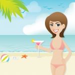 Cartoon Cute Girl On The Beach With Cocktail Stock Photo