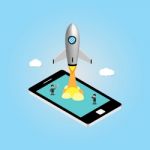 Isometric Technology Rocket Mobile Phone With Business Man Start Stock Photo