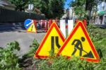 Road Signs Road Repairs Stock Photo