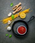 Italian Food And Menu Concept. Spaghetti With Ingredients Sweet Stock Photo