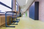 Storage Cabinets In High School Corridor Stock Photo