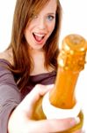 Female Showing Champagne Bottle Stock Photo