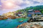 Haedong Yonggungsa Temple And Haeundae Sea In Busan, South Korea Stock Photo